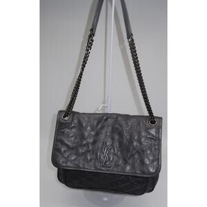 Saint Laurent Crinkled Calfskin Monogram Niki Medium Grey Shoulder Bag